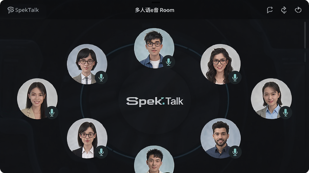 һ��չʾ��SpekTalk������������������ͼƬ���������ж���û�ͷ��Χ��һȦ��ÿ��ͷ���Ա�����˷�ͼ����ʾ����״̬����������ɫģʽ����������Ƽ��У����ֱ�ǩ���������ʸɾ��޶���Ԫ��