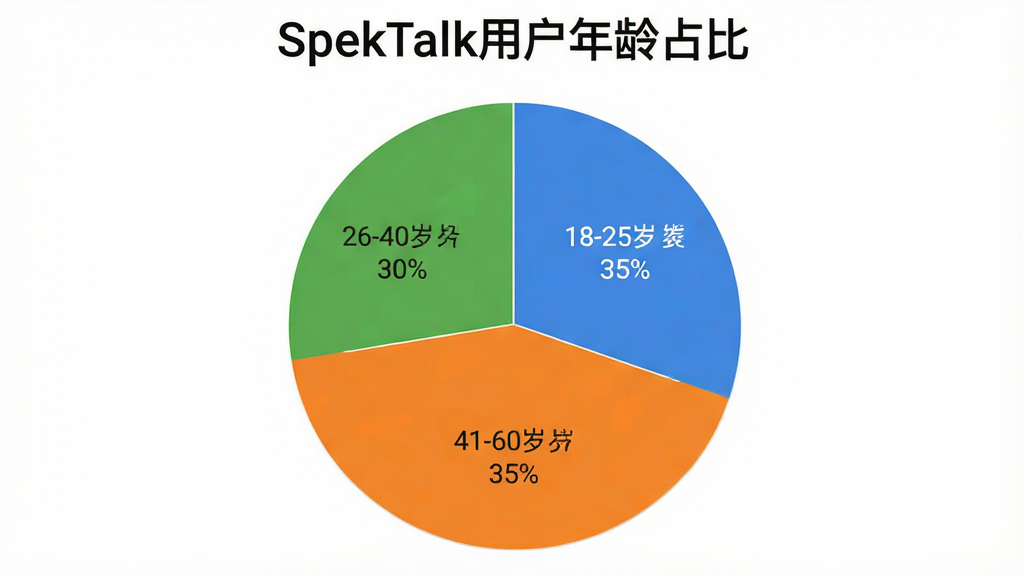 һ��չʾ��SpekTalk���û�����ֲ��ı�״ͼ��ͼ������Ϊ��SpekTalk�û�����ռ�ȡ���ͼ����ʾ18-25��ռ35%��26-40��ռ30%��41-60��ռ35%����ɫ�ֱ�Ϊ��ɫ����ɫ����ɫ��������ɫ����������ݿ��ӻ������ʸɾ��޶���Ԫ��