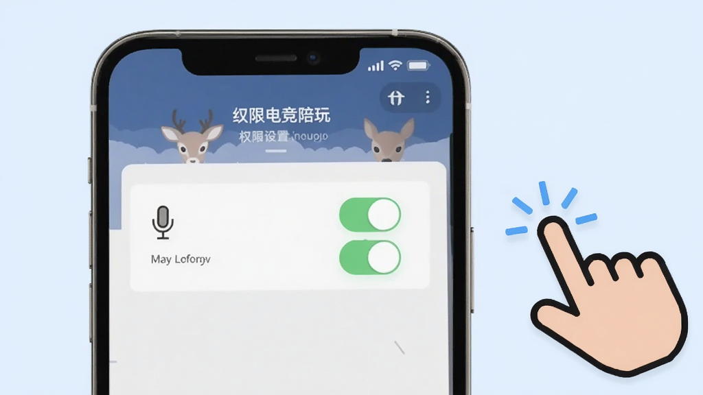 一张小鹿组队电竞陪玩APP在手机上的操作指引图,画面中手机屏幕显示权限设置页面,有麦克风和存储权限的开关按钮,旁边有手指点击的图标,背景是浅蓝色,风格简洁清晰,画质干净无多余元素