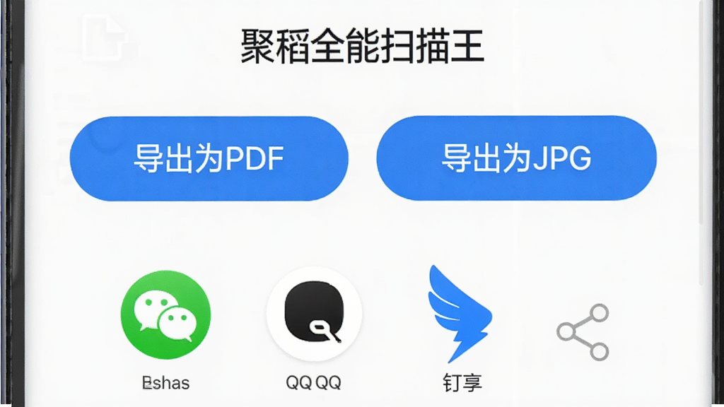һ���ֻ���Ļ��ʾ���۵�ȫ��ɨ�������ĵ������棬�����С�����ΪPDF���͡�����ΪJPG��������ť���·���΢�š�QQ�������ȷ���ͼ�꣬������Ƽ��󷽣�������ɫ��Ϊ���������������޶���Ԫ��