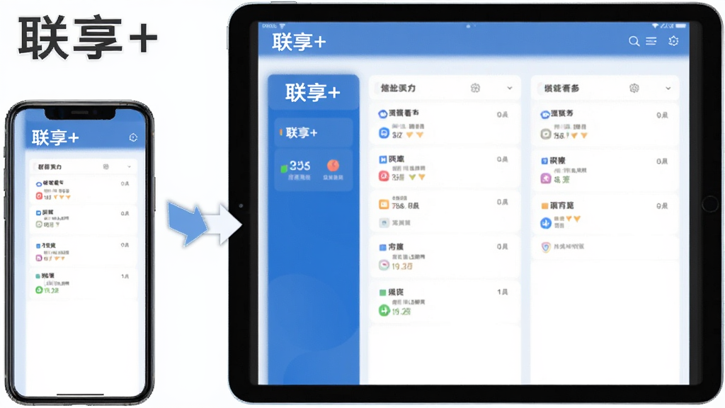 һ�ű��֡�����+�����豸ͬ����ʾ��ͼ������Ϊһ���ֻ���һ̨ƽ�岢�Űڷţ���Ļ�϶���ʾ��ͬ�ġ�����+�����񿴰���棬�м���ͬ����ͷ���ӡ����ֺ������У�����Ϊǳɫ����������࣬���ʸɾ������ֱ�ע������+����