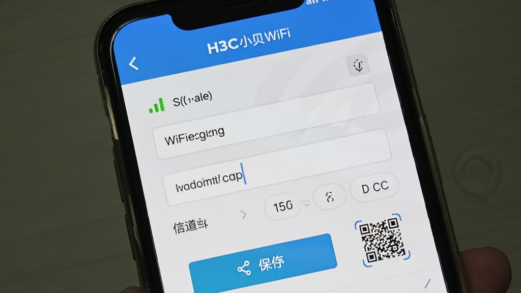 H3C小贝WiFi设置界面,手机屏幕展示无线网络配置页面,主体为WiFi名称和密码输入框,布局采用上下结构,排版包含信号强度指示和信道选择选项,风格清爽简洁,细节有保存按钮和二维码分享图标,画质干净无多余元素