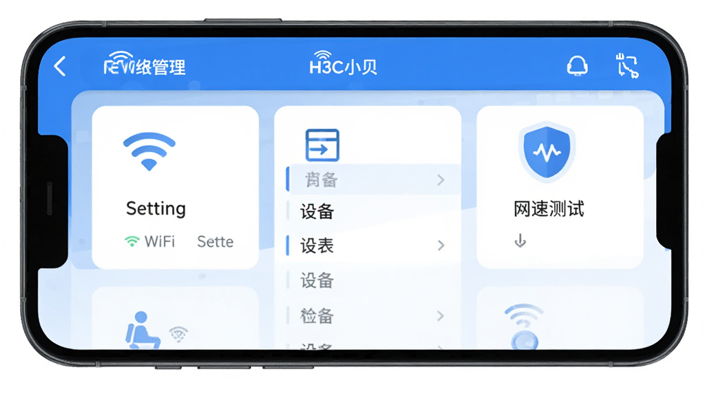 H3C小贝应用主界面展示,手机屏幕中显示网络管理面板,主体为蓝白配色,布局简洁清晰,包含WiFi设置、设备列表、网速测试等功能图标,风格现代扁平化,细节圆润,画质干净无多余元素