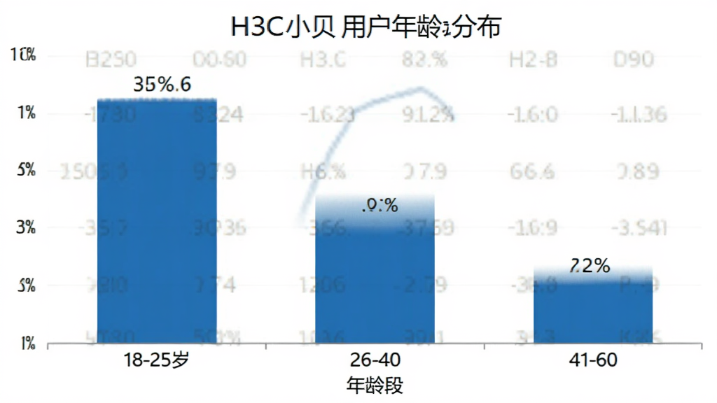 H3C小贝用户年龄分布柱状图,主体为柱状图表,布局采用横向坐标轴展示年龄段,排版清晰标注百分比数值,风格数据可视化,细节包含18-25岁、26-40岁、41-60岁三个区间,画质干净无多余元素