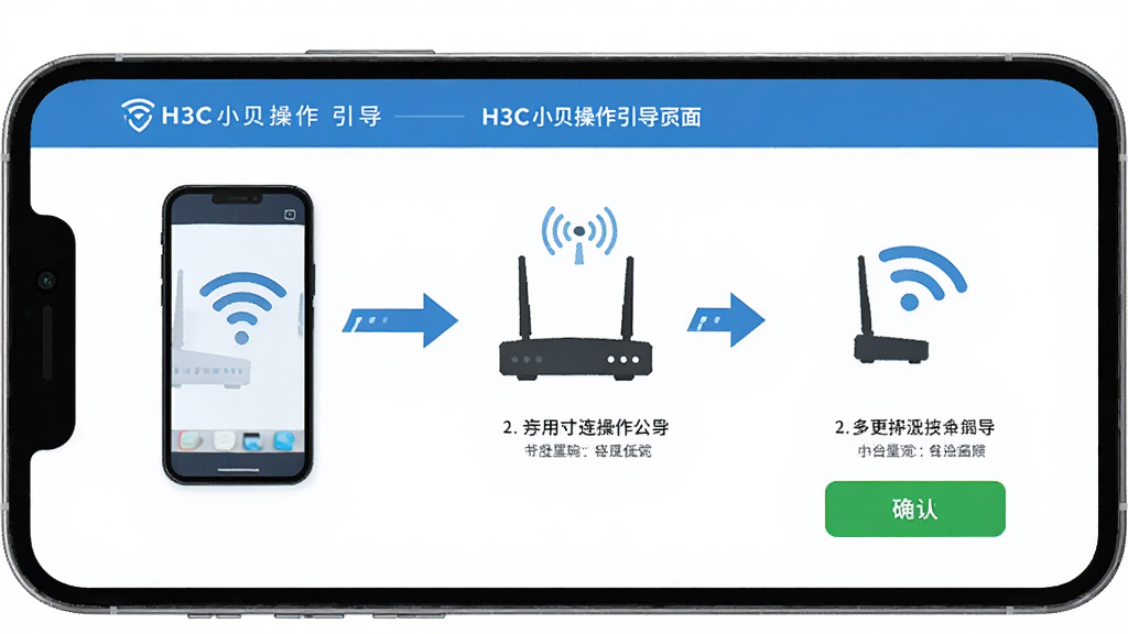 H3C小贝操作引导界面,手机屏幕展示连接路由器的步骤示意图,主体为手机与路由器连接的图标,布局采用分步展示,排版包含WiFi信号图标和确认按钮,风格扁平化插画,细节有箭头指引和文字标注,画质干净无多余元素