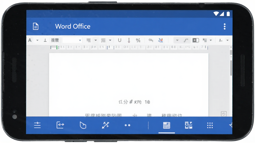 Word Office手机文档 软件主界面全貌展示,一部安卓手机屏幕特写,屏幕中显示简洁的文档编辑界面,顶部有文档名称,中间是文字编辑区域,底部有工具栏图标,整体色调以蓝色和白色为主,风格现代扁平,布局清晰干净,画质高清,无多余元素