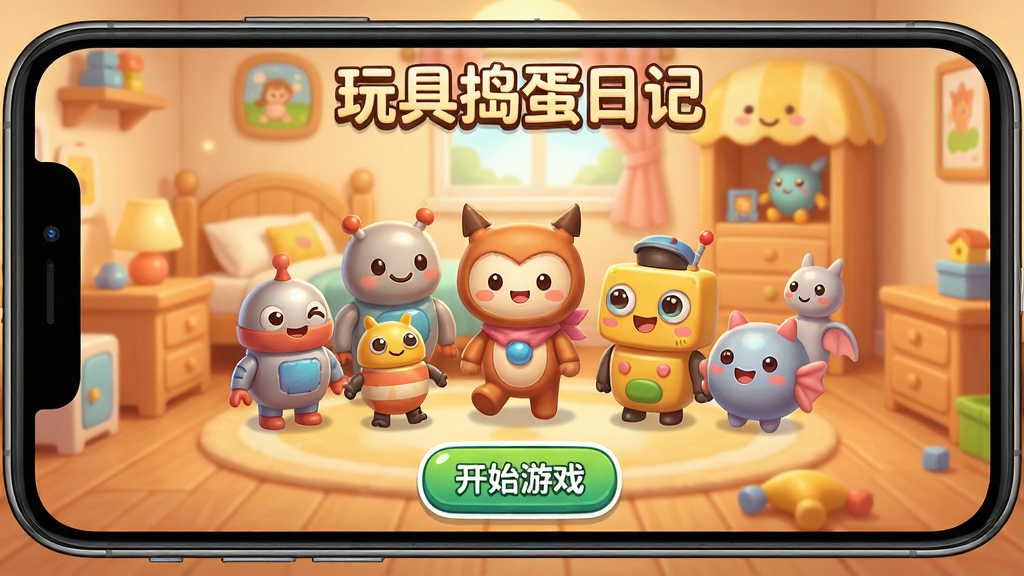 玩具捣蛋日记 手机屏幕截图 展示游戏主界面 软萌卡通风格 色彩明亮活泼 画面中央有各种可爱玩具角色 背景是温馨的儿童房布置 顶部显示游戏名称玩具捣蛋日记 底部有开始游戏按钮 整体色调温暖治愈 画质干净清晰 无多余元素