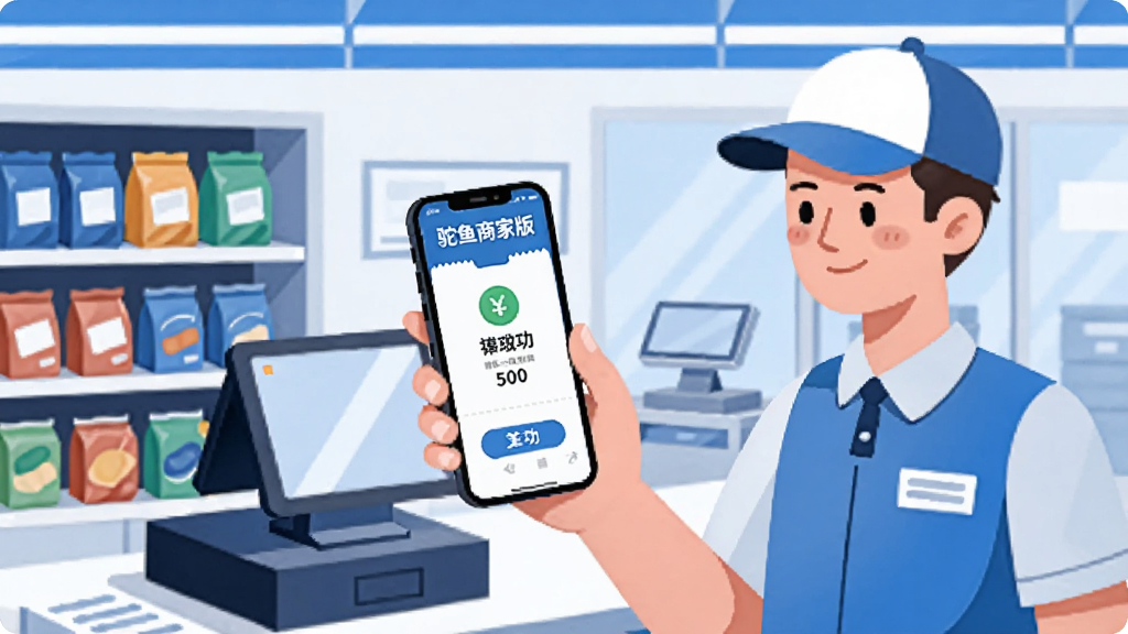 һ��AI���ɵĲ廭��������һλ����������������ֻ�ʹ�á������̼Ұ桱App�����տ�������ֻ���Ļ��ʾ�տ�ɹ����棬�Ա�����Ʒ���ܺ�����̨�����Ϊ��ƽ���廭��ɫ������ɫ�Ͱ�ɫΪ��������ɾ����࣬ͻ���̼Ұ��տ����