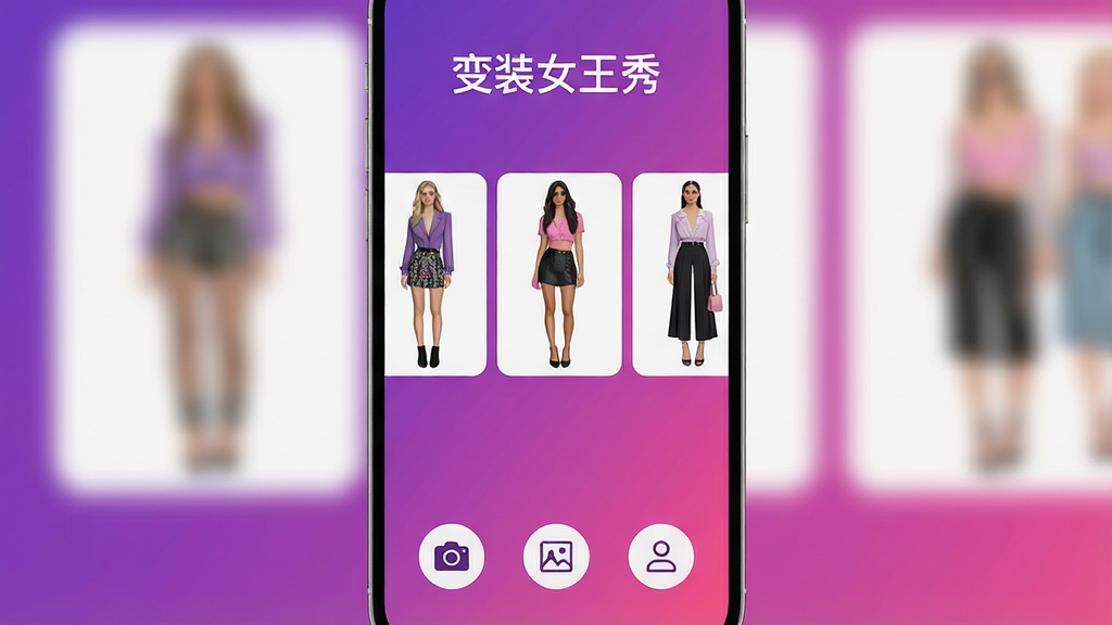 一张充满时尚感和科技感的手机界面截图,画面中央是变装女王秀的软件主界面,界面设计简洁,以紫色和粉色渐变为主色调,顶部显示“变装女王秀”字样,中间是模特试穿不同风格服装的预览小图,底部有相机、相册、我的三个圆形图标,整体风格现代、干净、扁平化,画质清晰,无多余元素,无文字错误