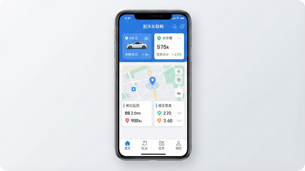һ��չʾ�����쳵�������ֻ�App�������ͼƬ������������һ���ִ������ֻ�����Ļ��ʾ��ɫ�Ͱ�ɫΪ��ɫ���ĳ��������Ǳ��̣������г���״̬��Ƭ���м��ж�λ��ͼ����ͼ��̥ѹ������ݣ��ײ��С���ҳ�����켣�������񡱡��ҵġ��ĸ�����ͼ�꣬�����Ǹɾ���ǳ��ɫ���䣬�����Ƽ��У�ϸ�����������ʸɾ��޶���Ԫ��