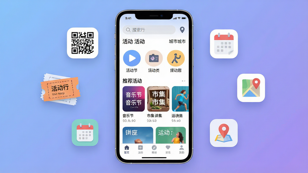 һ��չʾ���App���Ĺ��ܵ��ֻ�����ϼ�ͼ������������һ���ִ������ֻ�����Ļ��ʾ���App��ҳ���������������ͳ��ж�λ���м��ǻ����ͼ����Ƽ����Ƭ���������ֽڡ��м����������˶��ȣ��ײ������������ɼ����ֻ���ΧƯ���ŵ���Ʊ��ά�롢�������ѡ���ͼ������Сͼ�꣬��������͵�����ɫ���䣬�������ִ���ƽ��ϸ��Բ�󣬻��ʸɾ��������޶���Ԫ�ء�