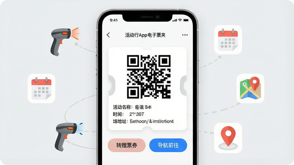 һ��չʾ���App����Ʊ�й��ܵ��ֻ���ͼ���ͼƬ���ֻ���Ļ������ʾһ�ŵ���Ʊ��ά�룬Ʊ����Ϣ��������ơ�ʱ�䡢���ݵ�ַ���·��С�ת��Ʊȯ���͡�����ǰ����������ť���ֻ���Χ��ɨ��ǹ����������ͼ��λ��Сͼ�껷�ƣ������Ǹɾ���ǳ��ɫ�������Ű�����������ִ���Լ�����ʸɾ��޶���Ԫ�ء�