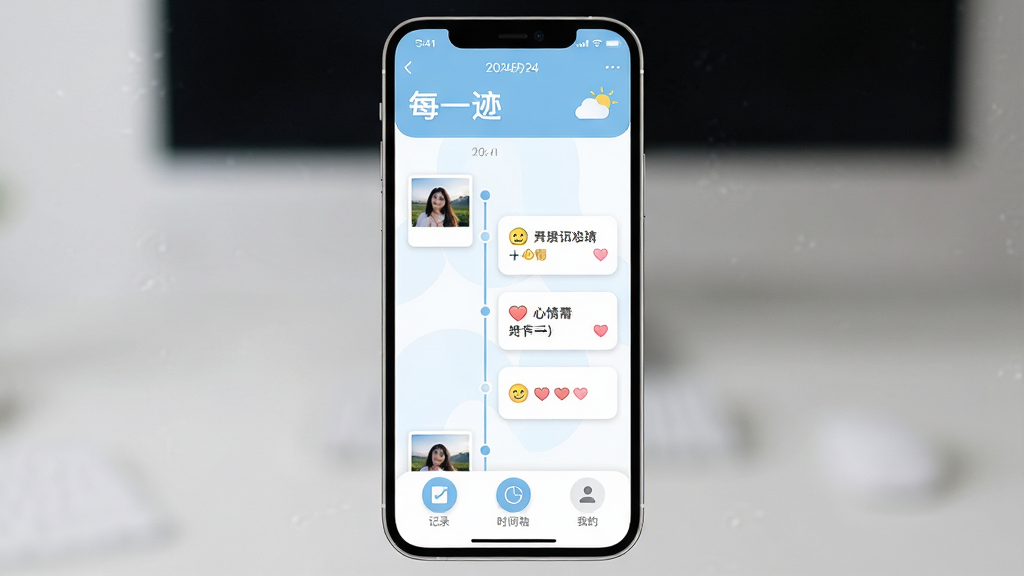 一张手机屏幕展示图,画面中央是“每一迹”App的主界面,顶部显示日期和天气,中间是一条垂直时间轴,时间轴上排列着照片、文字和心情图标卡片,底部有三个圆形按钮分别是记录、时间轴、我的,整体配色以浅蓝和白色为主,风格清新简约,界面干净无广告,画质高清,细节圆润,无多余元素