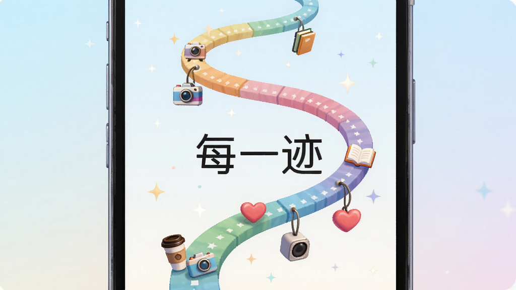一张AI生成的插画,画面主体是一部手机,手机屏幕里显示一条弯曲的彩色时间轴,时间轴上挂着各种小图标比如咖啡杯、相机、爱心、书本,时间轴从屏幕底部延伸到顶部,背景是柔和的浅蓝色渐变,风格扁平化,细节精致,画质干净,无多余元素,图片中央有“每一迹”三个字