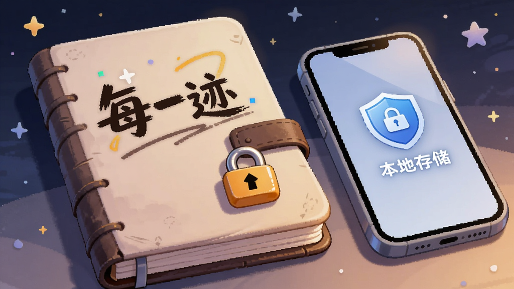 一张AI生成的插画,画面主体是一个带锁的笔记本和一部手机并排放置,笔记本封面上写着“每一迹”,手机屏幕显示一个盾牌图标和“本地存储”字样,背景是深蓝色星空,风格科技感但温暖,细节清晰,画质干净,无多余元素