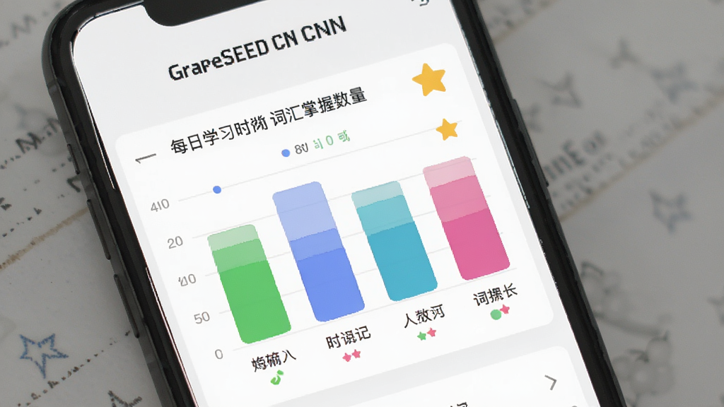 GrapeSEED CNѧϰ���ȱ���ҳ�棬�ֻ���Ļ��ʾ��ɫ��״ͼ������ͼ�꣬��עÿ��ѧϰʱ���ʹʻ����������������Ǽ��İ�ɫ���棬����ִ���ƽ�����ʸɾ����޶���Ԫ��