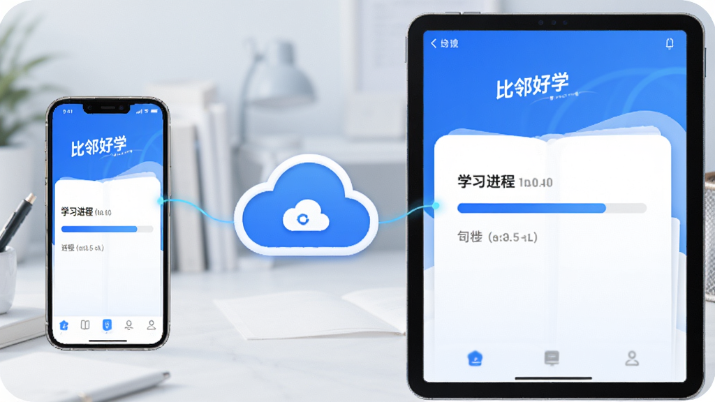 ���豸��ͬ��ѧϰ����ʾ��ͼ���ֻ���ƽ����Ļ�϶���ʾ�����ں�ѧ��Ӧ�ý��棬�м����ƶ�ͼ�����ӣ�ѧϰ������ͬ��һ�£������Ƽ��У�������ɫ�������������޶���Ԫ��