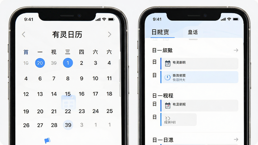 有灵日历 手机主界面 展示月视图和日程列表 现代简约风格 白色背景 蓝色点缀 排版清晰 文字标注