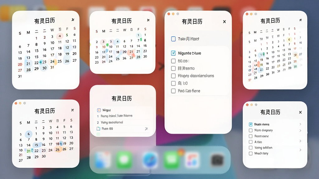 有灵日历 桌面小组件展示 多个不同尺寸的小组件排列在手机桌面上 显示月历和待办事项 风格统一 排版整齐 文字标注
