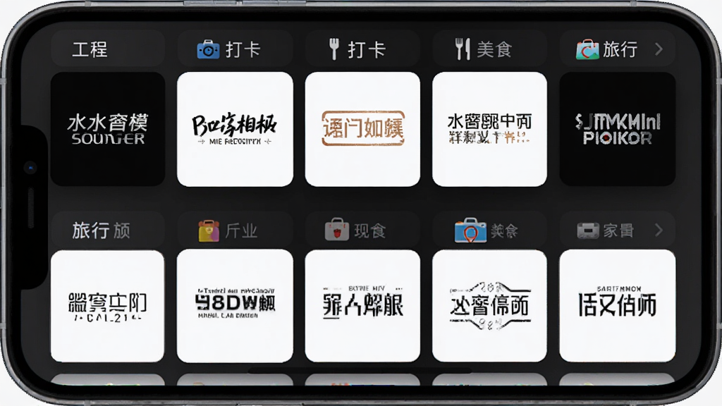 水印相机定位助手 模板选择界面,手机屏幕显示网格状的水印模板缩略图列表,包含工程、打卡、美食、旅行等分类标签,每个缩略图展示不同风格的水印效果,界面布局清晰,以卡片式设计为主,风格现代时尚,画质干净无多余元素