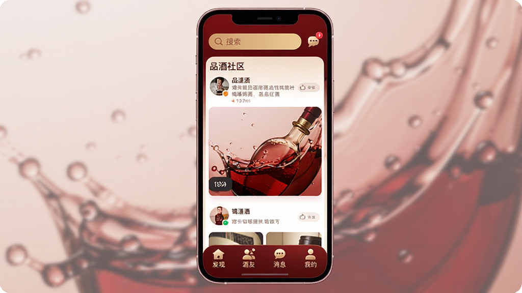 �����App������չʾ���ֻ���Ļ������ʾƷ��������Ϣ��������������������Ϣͼ�꣬�ײ�Ϊ���֡����ѡ���Ϣ���ҵ��ĸ�ѡ�������������ɫ���ɫ���䣬�����е����ľ�Һ����������ִ���Լ��ϸ��Բ�󣬻��ʸɾ��޶���Ԫ��