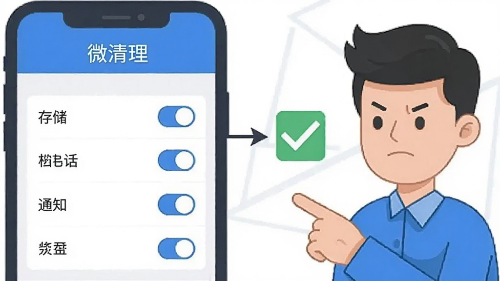 һ�ű�ƽ������ʾ��ͼ�����������һ���ֻ���Ļ����Ļ����ʾ��΢������APP��Ȩ������ҳ�棬�С��洢�������绰������֪ͨ����Ȩ�޿��أ��Ҳ���һ����ͨ��������ָ����Ļ���������棬�����м��м�ͷָ��һ����ɫ�Ĺ�ѡ��ǣ������������ˣ�����ɫ�Ͱ�ɫΪ�������ʸɾ��޶���Ԫ�أ�ͼƬ������Ϊ��΢������