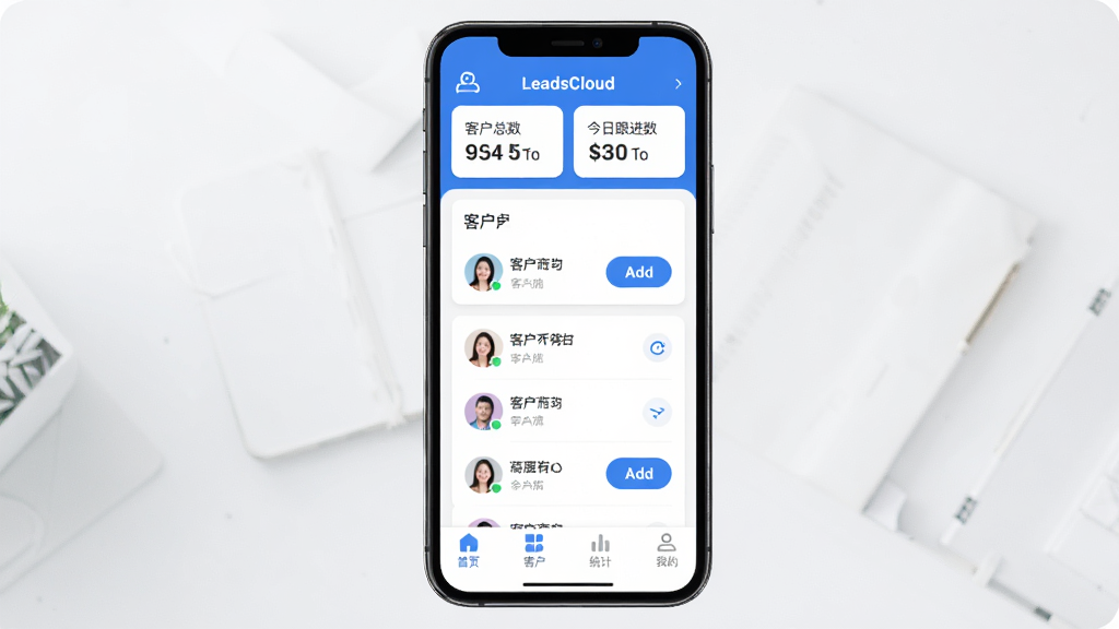 LeadsCloudӦ��������չʾ���ֻ���Ļ���У�������������ɫΪ����������ʾ�ͻ������ͽ��ո��������м��ǿͻ��б���Ƭ�����Ӱ�ť���ײ�����ҳ���ͻ���ͳ�ơ��ҵ��ĸ������������ִ�����ƽ����ƣ�ͼ��Բ�����������ʸɾ��޶���Ԫ��