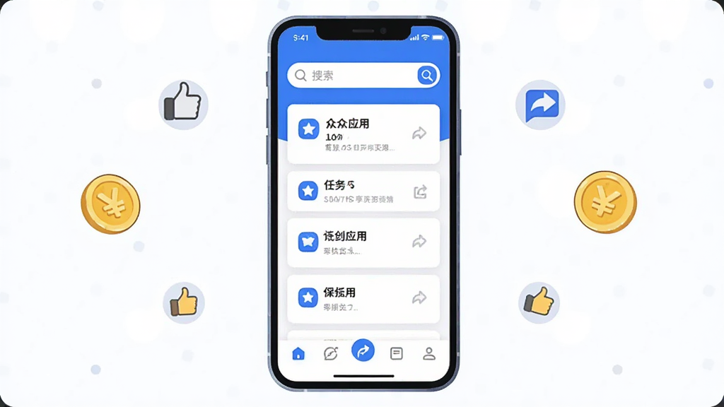 手机屏幕画面,中央显示众创推应用的主界面,界面设计简洁,以蓝白配色为主,顶部有搜索框,中间是任务列表卡片,底部有导航栏,周围环绕着点赞、分享、金币等小图标,扁平化插画风格,干净明亮,画质清晰,无多余元素