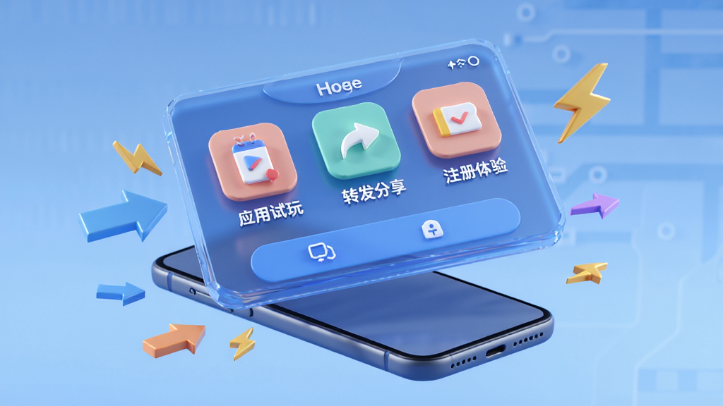 一个巨大的发光任务面板悬浮在手机上方,面板上排列着各种图标和文字标签,如“应用试玩”、“转发分享”、“注册体验”,手机周围有箭头和闪电符号表示速度与更新,背景是柔和的科技蓝渐变,3D渲染风格,细节精致,画质干净
