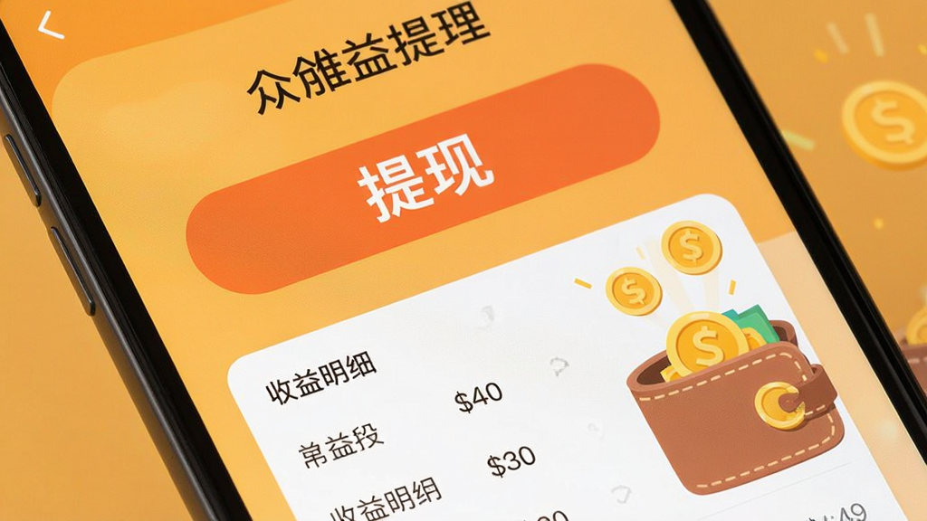 手机屏幕特写,显示众创推的收益提现页面,页面中央是一个大大的“提现”按钮,下方有收益明细列表,旁边有金币落入钱包的动画效果,背景是温暖的橙黄色调,扁平化设计,文字标签清晰,画质干净无多余元素