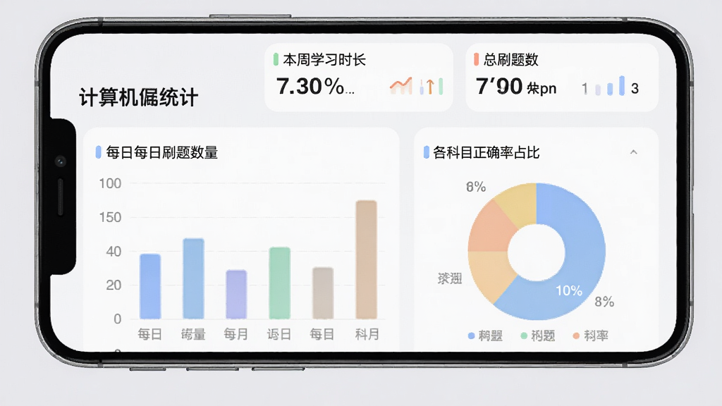���������APPѧϰ����ͳ��ҳ�棬�ֻ���Ļ��ʾ����������С�ѧϰ���棬������״ͼչʾÿ��ˢ����������ͼչʾ����Ŀ��ȷ��ռ�ȣ������б���ѧϰʱ������ˢ��������������ɫ��ͼ����ɫ�������������ִ���࣬���ʸɾ��޶���Ԫ��