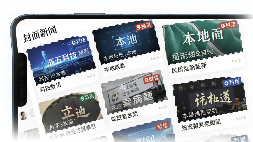 һ��չʾ�ֻ�APP���Ի��Ƽ������ͼƬ�������С��������š�APP����ҳ��Ϣ�������ſƼ������ء��ƾ��Ȳ�ͬƵ�������ſ�Ƭ��ÿ�ſ�Ƭ���Ͻ��ж�Ӧ��Ƶ����ǩ������Ϊ��ɫ�����ɾ���ˬ�������������޶���Ԫ��
