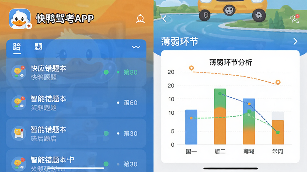 快鸭驾考APP内智能错题本功能界面截图,画面中显示错题列表和薄弱环节分析图表,带有“快鸭驾考”标识,布局清晰,风格简洁现代,画质干净