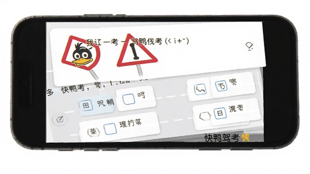 一张手机展示快鸭驾考APP做题界面的图片,屏幕上有交通标志题目和选项,底部有“快鸭驾考”字样,画面清晰,风格简洁
