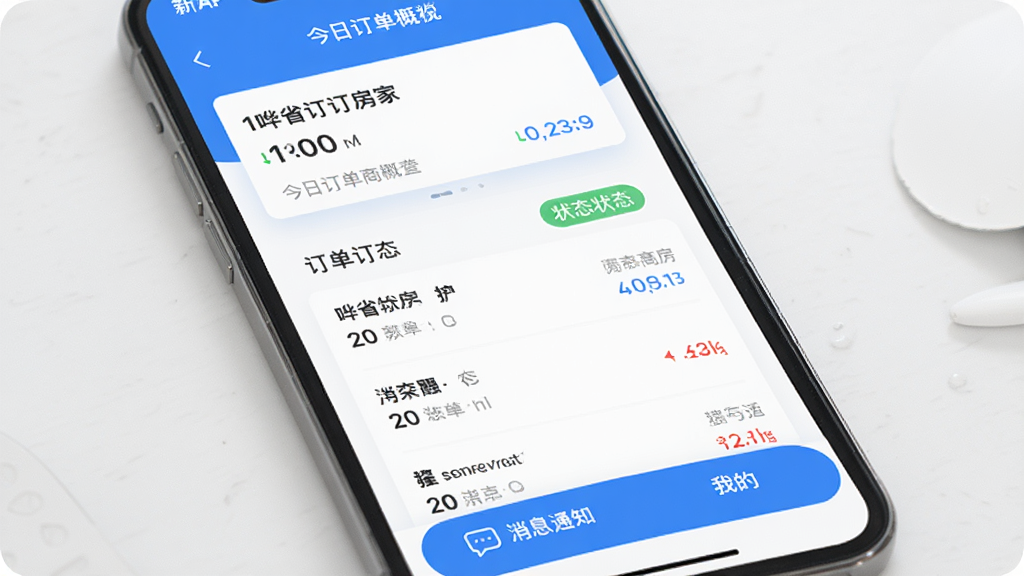 �ֻ���Ļչʾ��ʡ�����̼Ұ�APP�����棬������ʾ���ն���������Ƭ���м��Ƕ����б���״̬��ǩ���ײ�����Ϣ֪ͨ���ҵİ�ť�������������죬������ɫ�������ǿ�����������ɾ��޶���Ԫ��