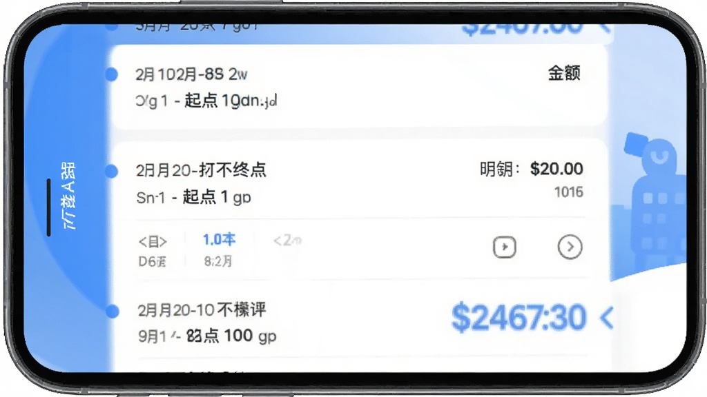 小拉出行App行程记录页面,手机屏幕显示历史订单列表,每条记录包含日期、起点终点、金额,点击展开显示费用明细,白色背景蓝色点缀,扁平化列表设计,文字清晰,画质干净,无多余元素