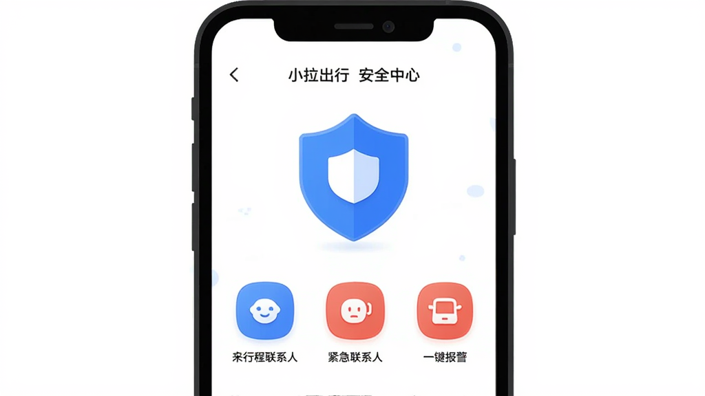 小拉出行App安全中心页面,手机屏幕显示行程分享、紧急联系人、一键报警三个功能图标,蓝色盾牌主视觉,白色背景,扁平化设计风格,图标圆润,画质干净,无多余元素