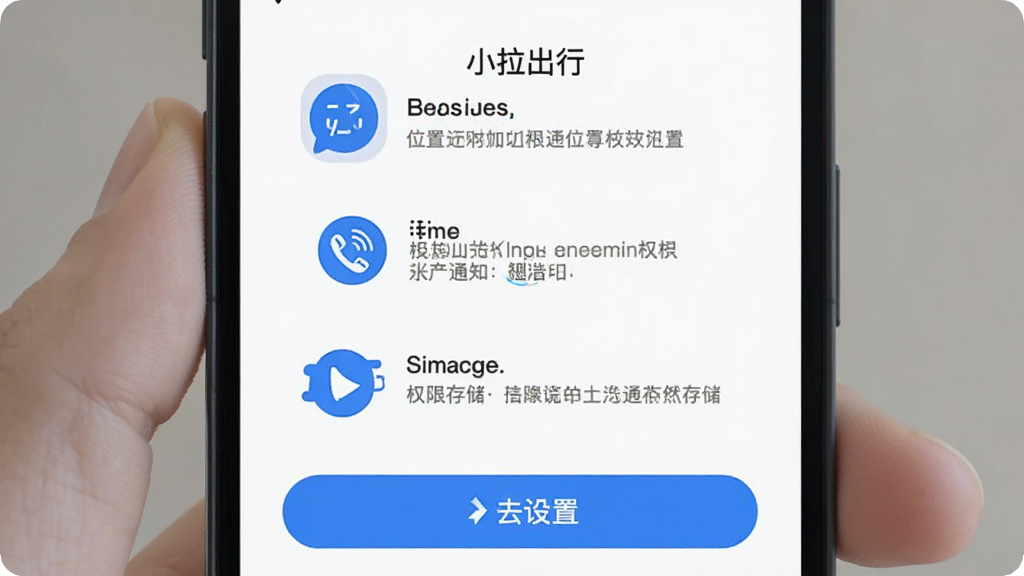 手机屏幕展示小拉出行App权限设置引导页面,蓝色图标配合文字说明位置、通知、存储三项权限用途,下方有去设置按钮,白色背景,扁平化设计风格,画质干净清晰,无多余元素