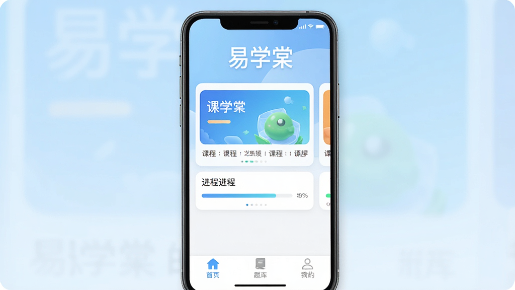 һ���ֻ���Ļչʾ����ѧ�ġ�App�������棬���涥����ʾ����ѧ�ġ����֣��м������ǿγ̿�Ƭ�ͽ��������ײ��С���ҳ������⡱���ҵġ�����ѡ�������Ϊ����ɫ���䣬������ִ������ʸɾ��޶���Ԫ��