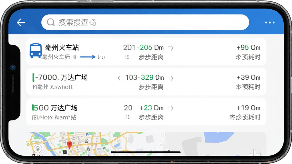 亳州公交App换乘查询界面的手机截图,画面中展示从“亳州火车站”到“万达广场”的换乘方案列表,包含公交线路号、步行距离和预计耗时,界面配色以蓝白为主,顶部有搜索栏,底部有地图缩略图,风格简洁现代,画质清晰