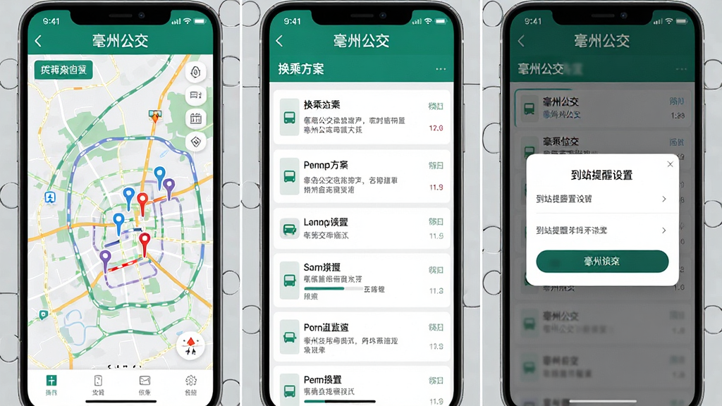 亳州公交App功能展示拼图,左侧展示实时车辆位置地图界面,中间展示换乘方案列表,右侧展示到站提醒设置弹窗,三张手机截图并排排列,背景为浅灰色,每张截图顶部带有“亳州公交”字样,整体风格统一干净,画质高清