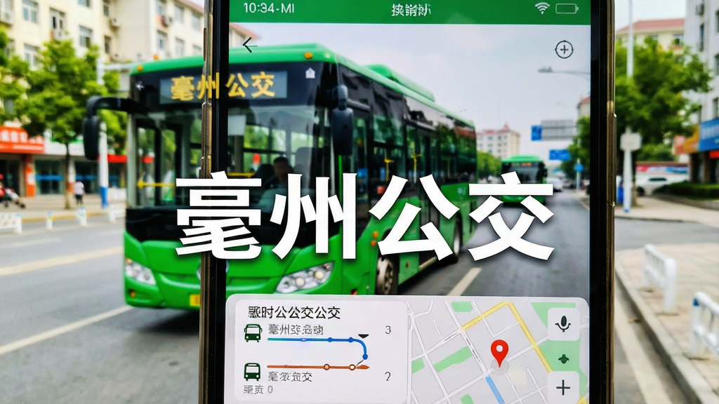 一张手机屏幕展示亳州公交App主界面的实拍图,画面中央清晰显示“亳州公交”四个大字,背景是亳州市区街道上一辆绿色的公交车正在行驶,手机屏幕里能看到实时公交线路列表和地图定位图标,整体风格明亮清新,画质干净无多余元素