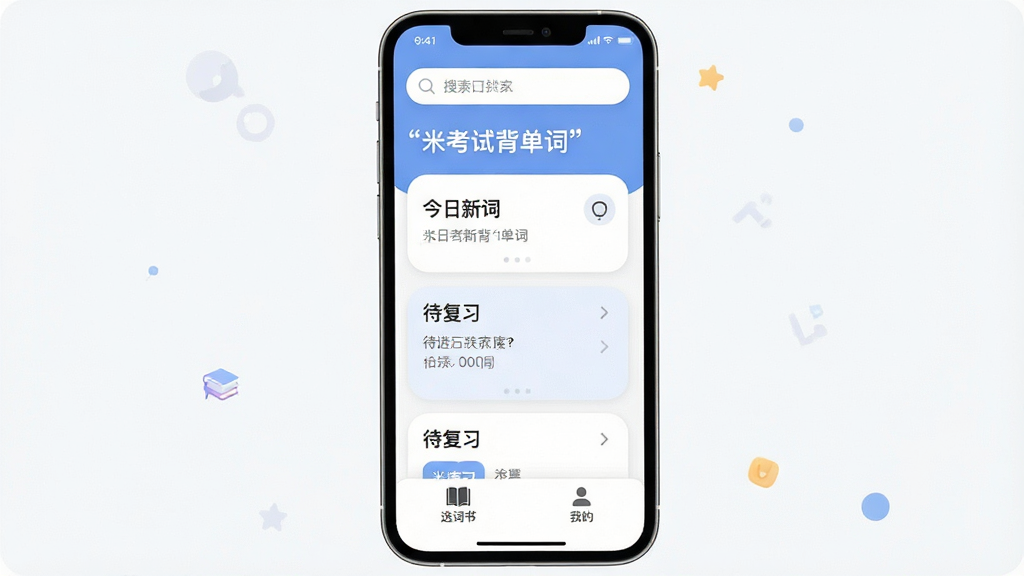 һ��չʾ�׿��Ա�����App���Ľ������ͼ��������һ�������ֻ�����Ļ��ʾ�׿��Ա����ʵ���ҳ������Ϊ�����������м��ǽ����´ʺʹ���ϰ��Ƭ���ײ�Ϊѡ������ҵİ�ť���Ű��࣬����ִ���ƽ����ϸ��Բ�󣬻��ʸɾ����޶���Ԫ�أ����ֱ��������