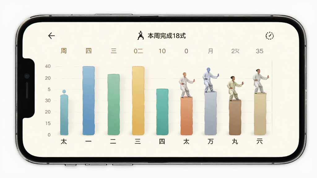 ̫��ѧ��App��ϰ��¼ҳ�棬�ֻ���Ļ��ʾһ���������״ͼ��ÿ�����Ӵ���������ϰʱ�����·��С��������18ʽ�������ֱ�ǩ���������װ�ɫ������Լ�ִ���ϸ�����������ʸɾ��޶���Ԫ��