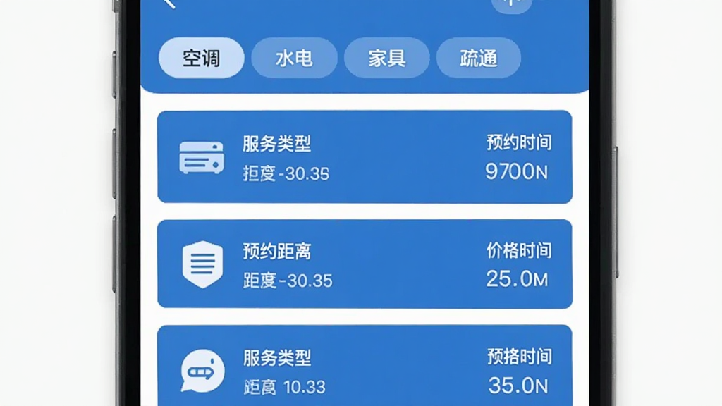 ��ʦ��ʦ���˽ӵ��������棬�ֻ���Ļ��ʾ�����б���ÿ������������������ͼ�ꡢ���롢ԤԼʱ�䡢�۸����䣬��������ɫΪ��ɫ����������ɸѡ��ǩ���յ�����ˮ�硱���Ҿߡ�����ͨ���������������룬����ִ���ƽ�����ʸɾ��޶���Ԫ��