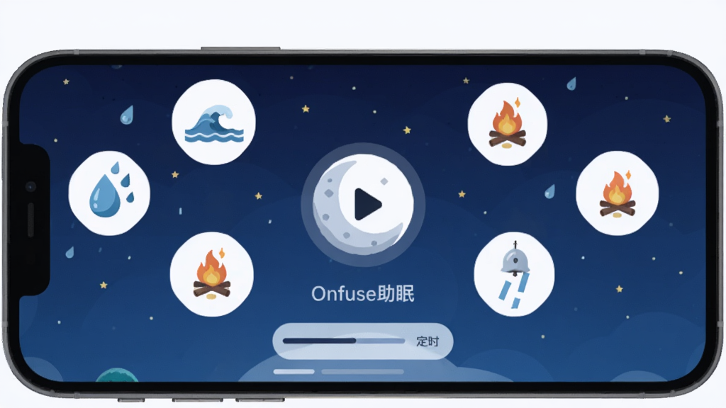 �ֻ���ĻչʾOnfuse����App�����棬����ɫҹ�ձ���������������һ��������״�Ĳ��Ű�ť����Χ��������Ρ����ˡ����𡢷��������ͼ�꣬�·���ʾ��ʱ�������������岼�ּ�࣬�Ű����������Ϊ�ִ���ƽ����ƣ�ϸ��Բ�󣬻��ʸɾ��޶���Ԫ�أ����ֱ�ע��Onfuse���ߡ�
