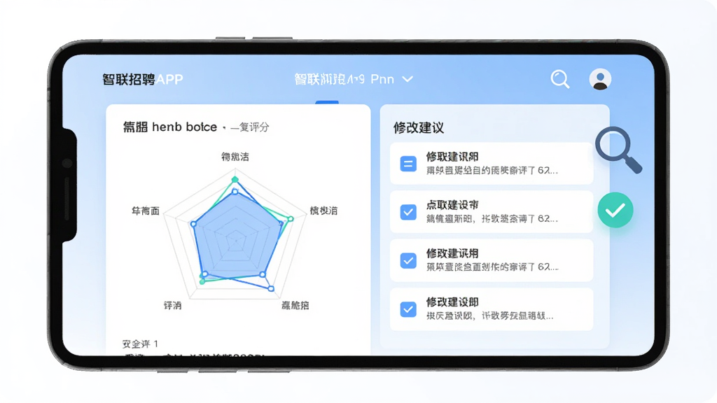 一张展示智联招聘APP内简历诊断功能的界面截图,画面中有一份简历的评分雷达图和修改建议列表,旁边有放大镜和勾选图标,背景是简洁的白色和浅蓝色渐变,风格现代扁平,细节清晰,画质干净,无多余元素
