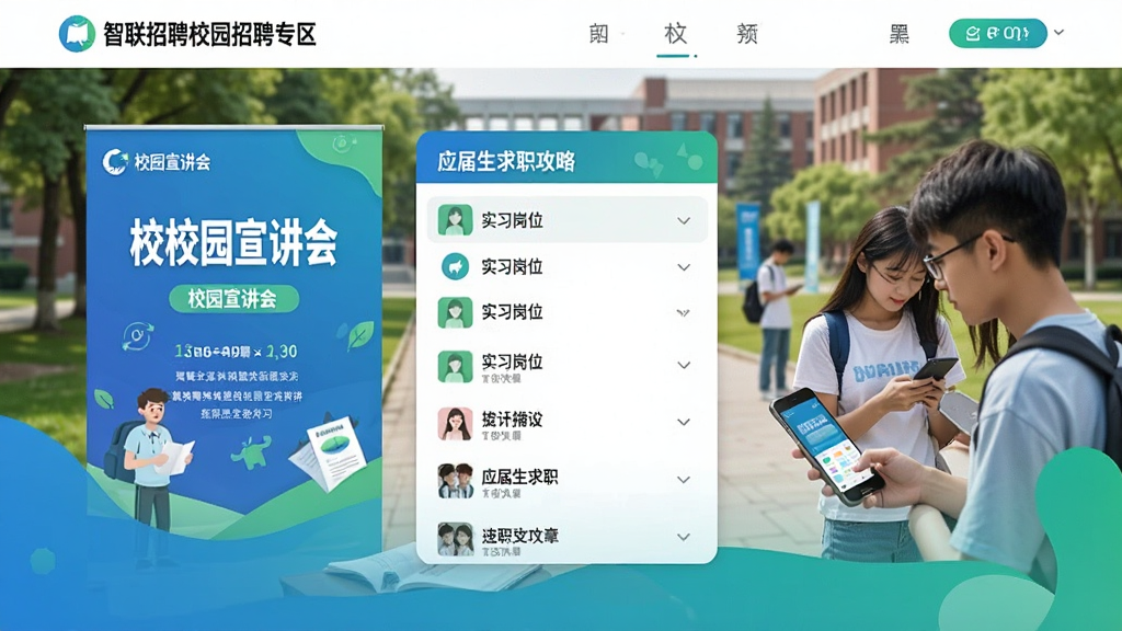 一张展示智联招聘校园招聘专区的界面截图,画面中有校园宣讲会海报、实习岗位列表和应届生求职攻略文章,背景是大学校园场景,有学生拿着手机查看信息,风格清新活力,蓝绿色调为主,画质清晰,无杂乱元素