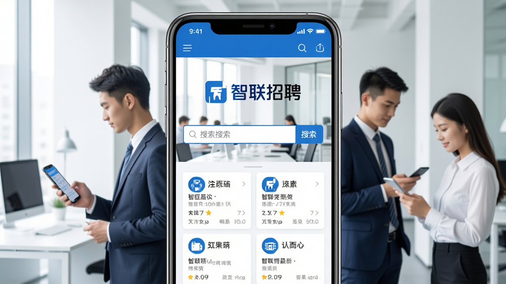 一张展示智联招聘APP首页的手机界面截图,画面中央是智联招聘的LOGO和搜索框,下方排列着各类职位卡片,背景是干净明亮的现代办公环境,几位穿着职业装的年轻人正在用手机查看职位,整体风格简洁现代,蓝白配色为主,画质清晰锐利,无多余杂乱元素