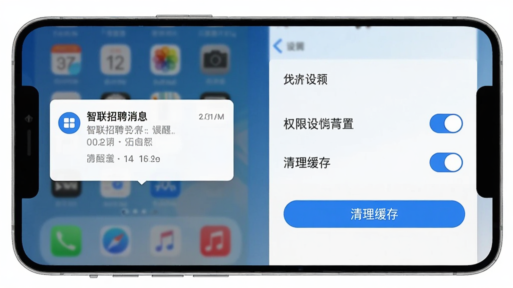 一张展示手机端智联招聘消息通知界面和设置选项的截图,画面中有消息提醒弹窗、权限设置开关和清理缓存按钮,背景是简洁的手机桌面,风格现代扁平,蓝白色调,画质清晰,无多余元素
